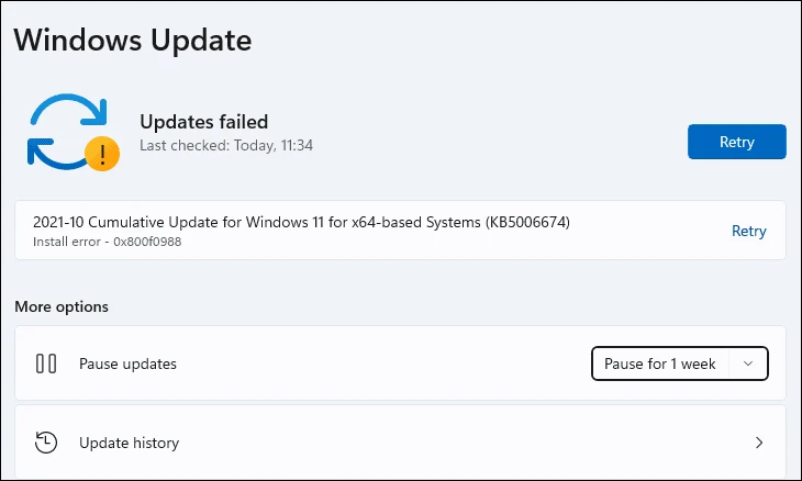 Windows 10 (20H2) Update Error Code 0x800f0988